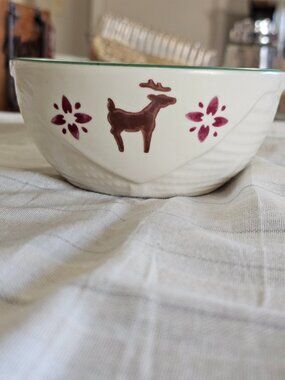 Vintage Pfaltzgraff Folk Art Reindeer Stoneware Bowl USA Christmas